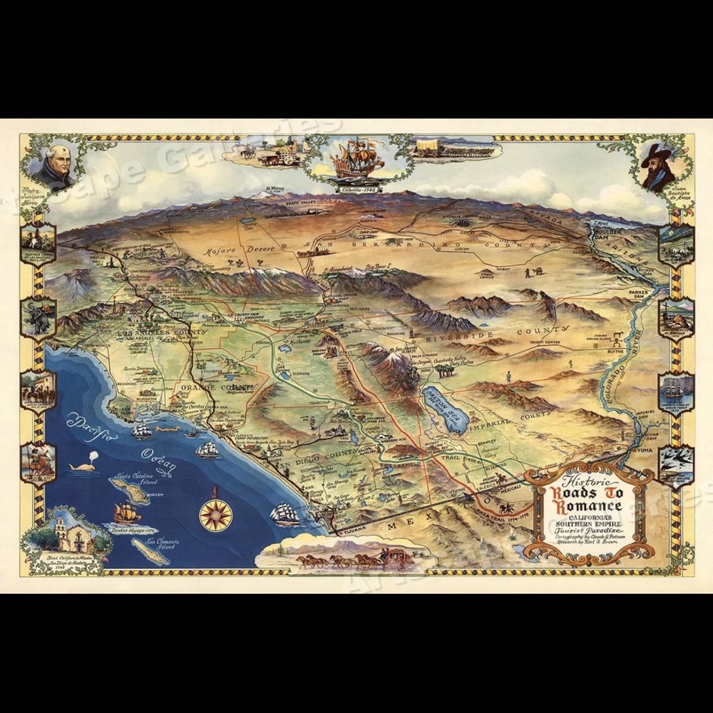1946 Roads to Romance Southern California old reproduction map - 20x30